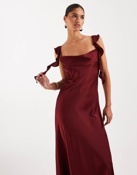 VILA – Satin-Maxikleid in Cabernet-Rot mit Wasserfallausschnitt und drapierten Trägern mit Rüschen - view 1