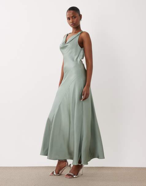VILA – Satin-Maxikleid in Green Milieu mit Wasserfallausschnitt und Neckholder - view 1