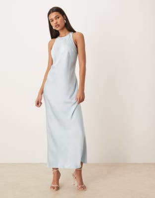 Vila - Satin-Maxikleid in Hellblau mit Ringerrücken