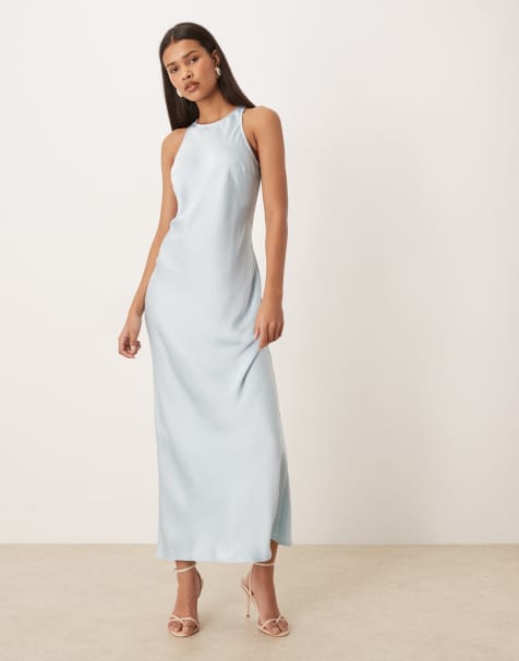 Vila – Satin-Maxikleid in Hellblau mit Ringerrücken - view 1