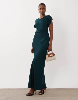 VILA - Satin-Maxikleid in kräftigem Petrol mit geraffter Taille-Grün