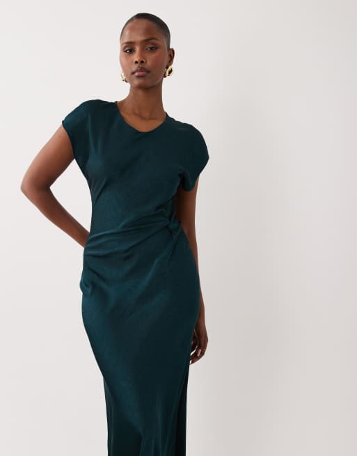 VILA – Satin-Maxikleid in kräftigem Petrol mit geraffter Taille, 2 von 4