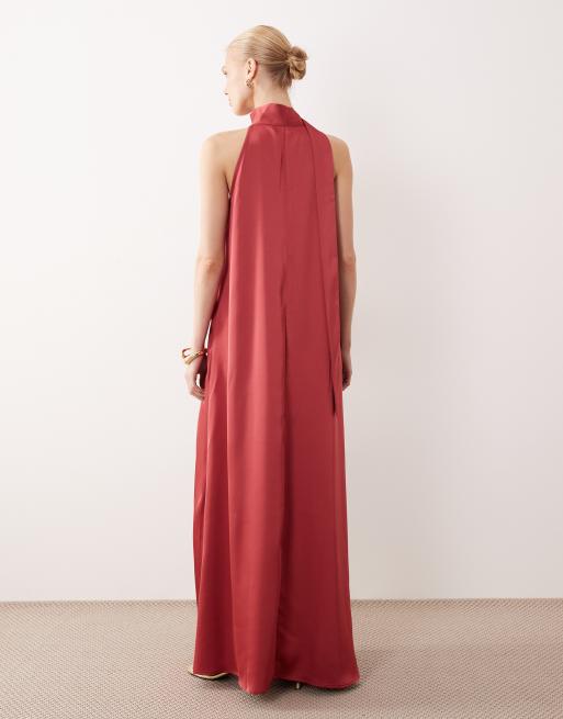 VILA – Satin-Maxikleid in Stechpalmen-Beerenrot mit Schal-Detail, 3 von 4