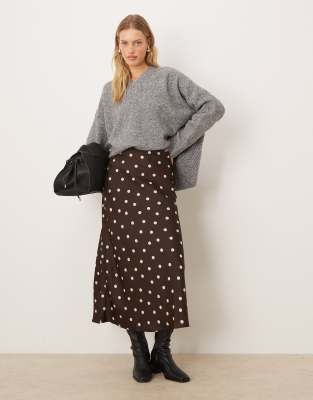 VILA - Satin-Maxirock in Braun mit cremefarbenem Polka-Dot-Print-Brown