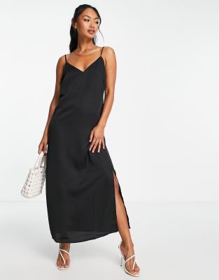 Vila Satin Midi Cami Dress In Black