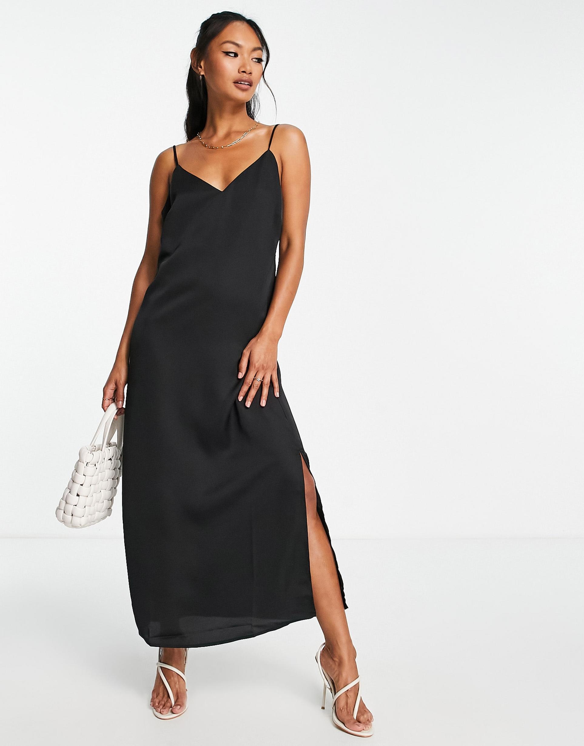 vila satin midi cami dress in black