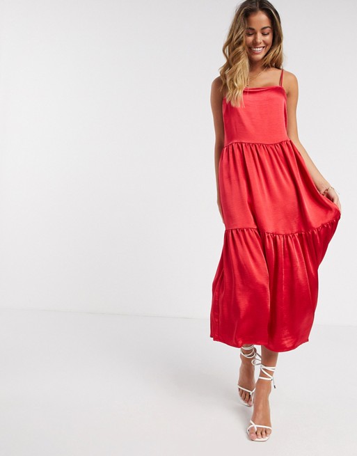 Vila satin midi dress with cami sleeves in pink