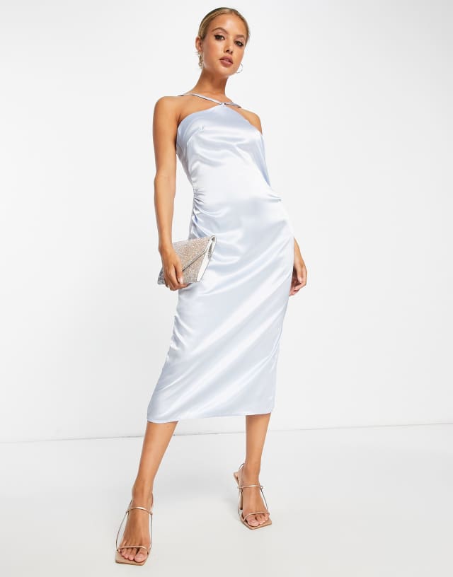 Vila satin midi halterneck dress in blue