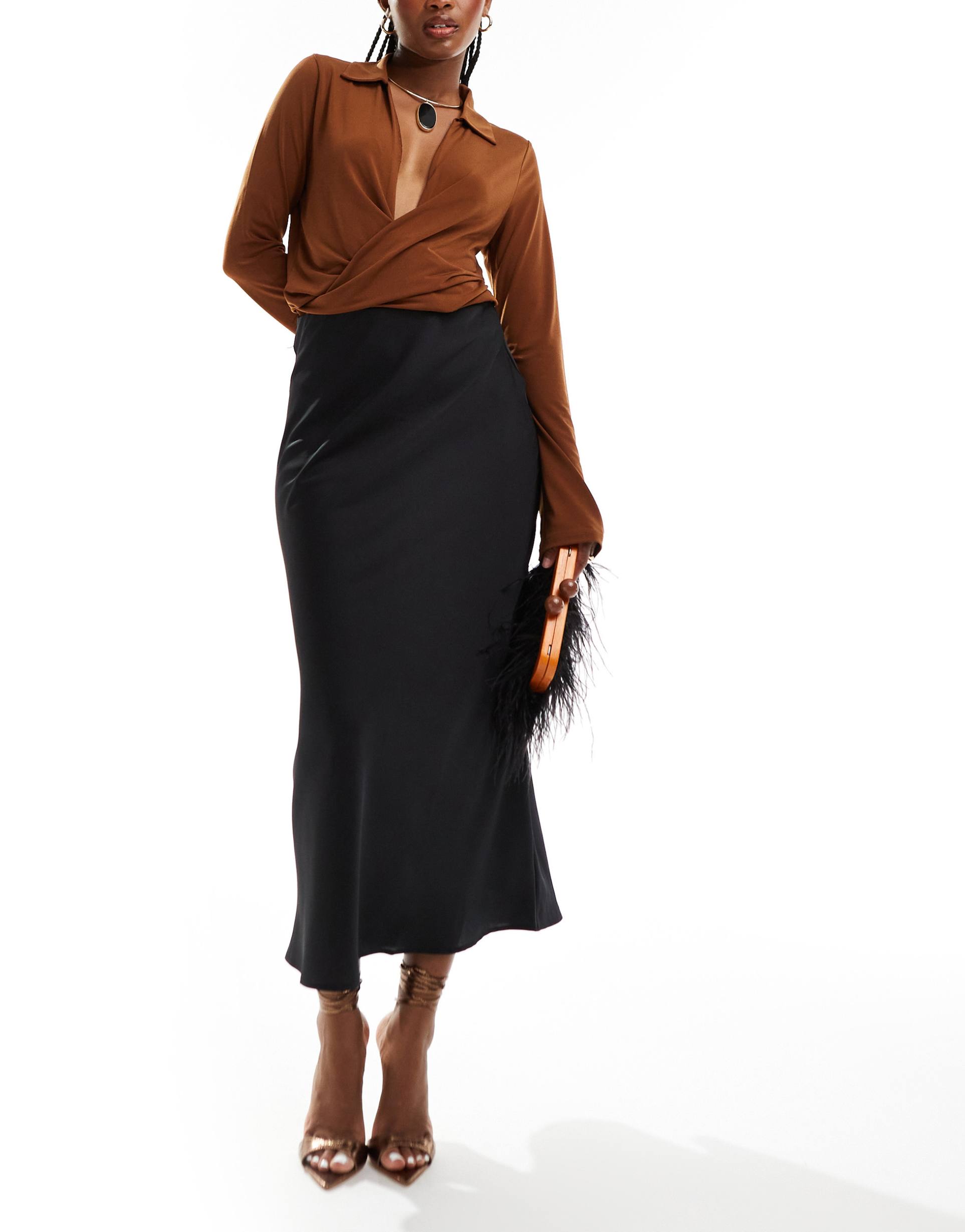 vila satin midi skirt in black