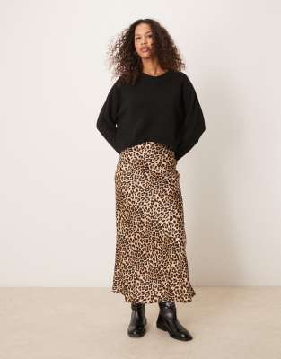 satin midi skirt in leopard print-Multi