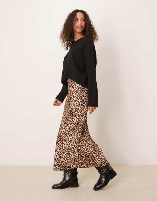 VILA satin midi skirt in leopard print
