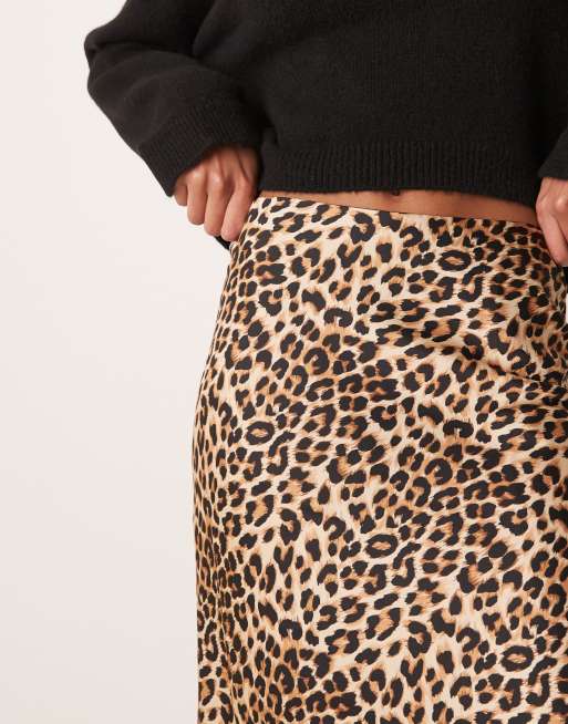 VILA satin midi skirt in leopard print