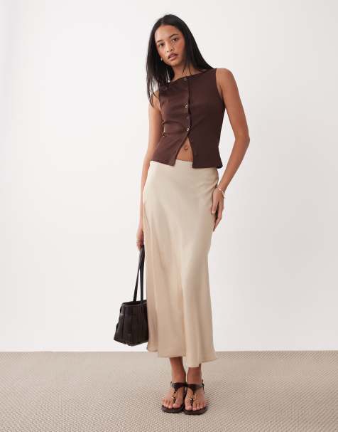 Vila satin midi skirt in sand - view 1