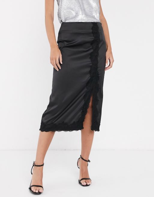 Vila satin midi skirt with lace trim split ASOS