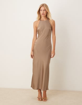 VILA - Satin-Midikleid in Hellbraun mit Ringerrücken-Neutral