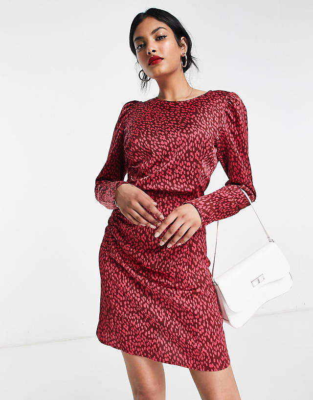 Vila satin mini dress with ruched side in red animal print