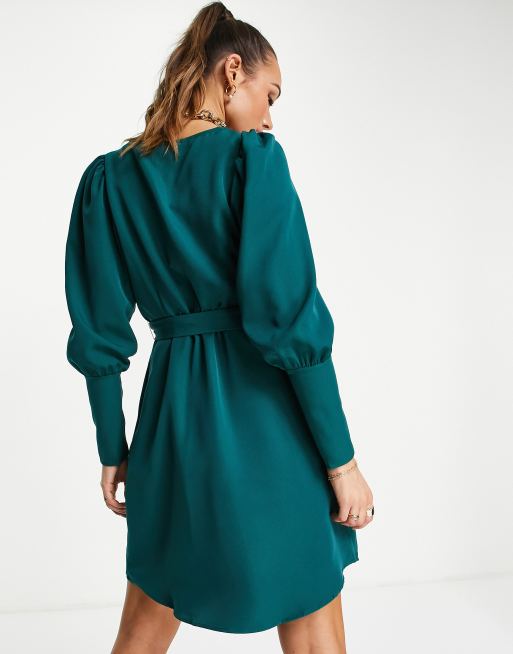 Vila satin mini wrap dress with tie waist in green, 2 of 4