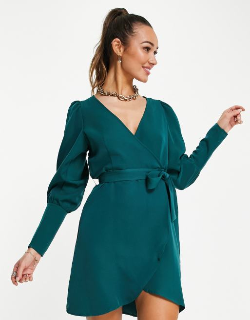 Vila satin mini wrap dress with tie waist in green, 3 of 4