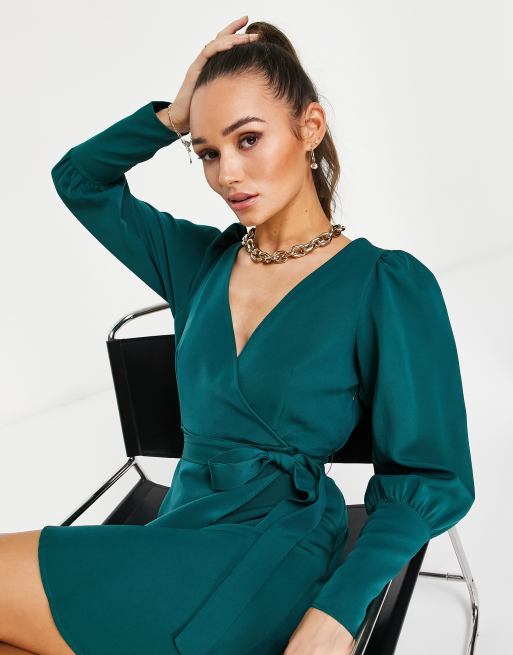 Vila satin mini wrap dress with tie waist in green, 4 of 4