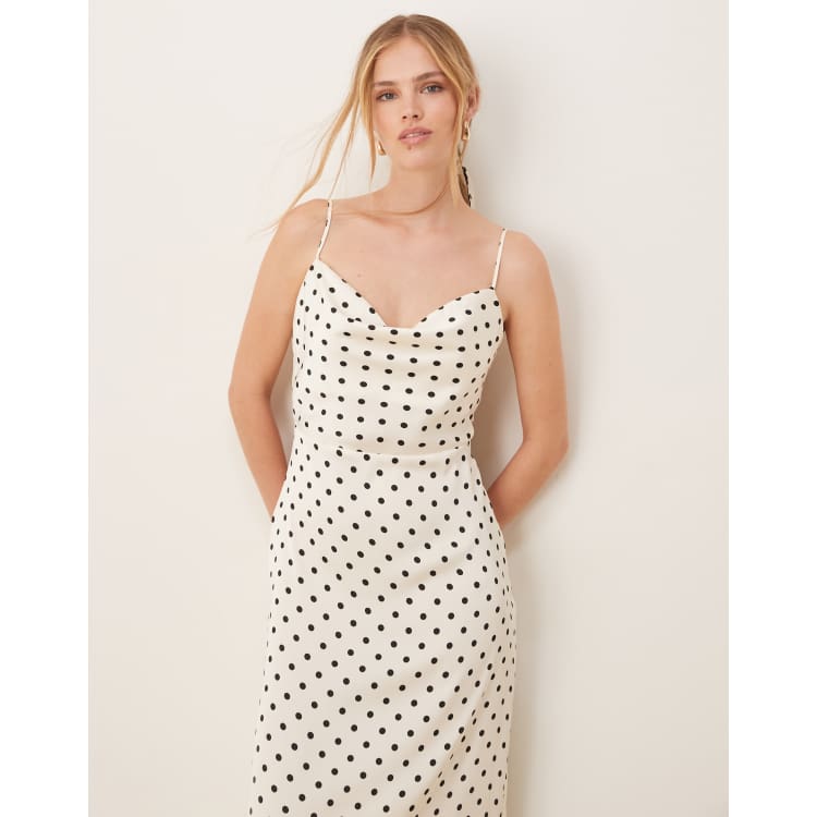 パーティードレス Midi Polka Dot Print Silk Dress Brown and White Polka Dot Print Puff Sleeve Midi Dress - Etsy