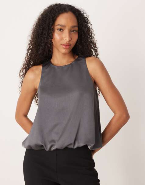 VILA satin puffball hem top in granite grey - view 1