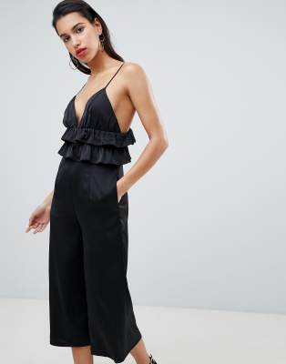 Vila Satin Ruffle Cami Jumpsuit-Black