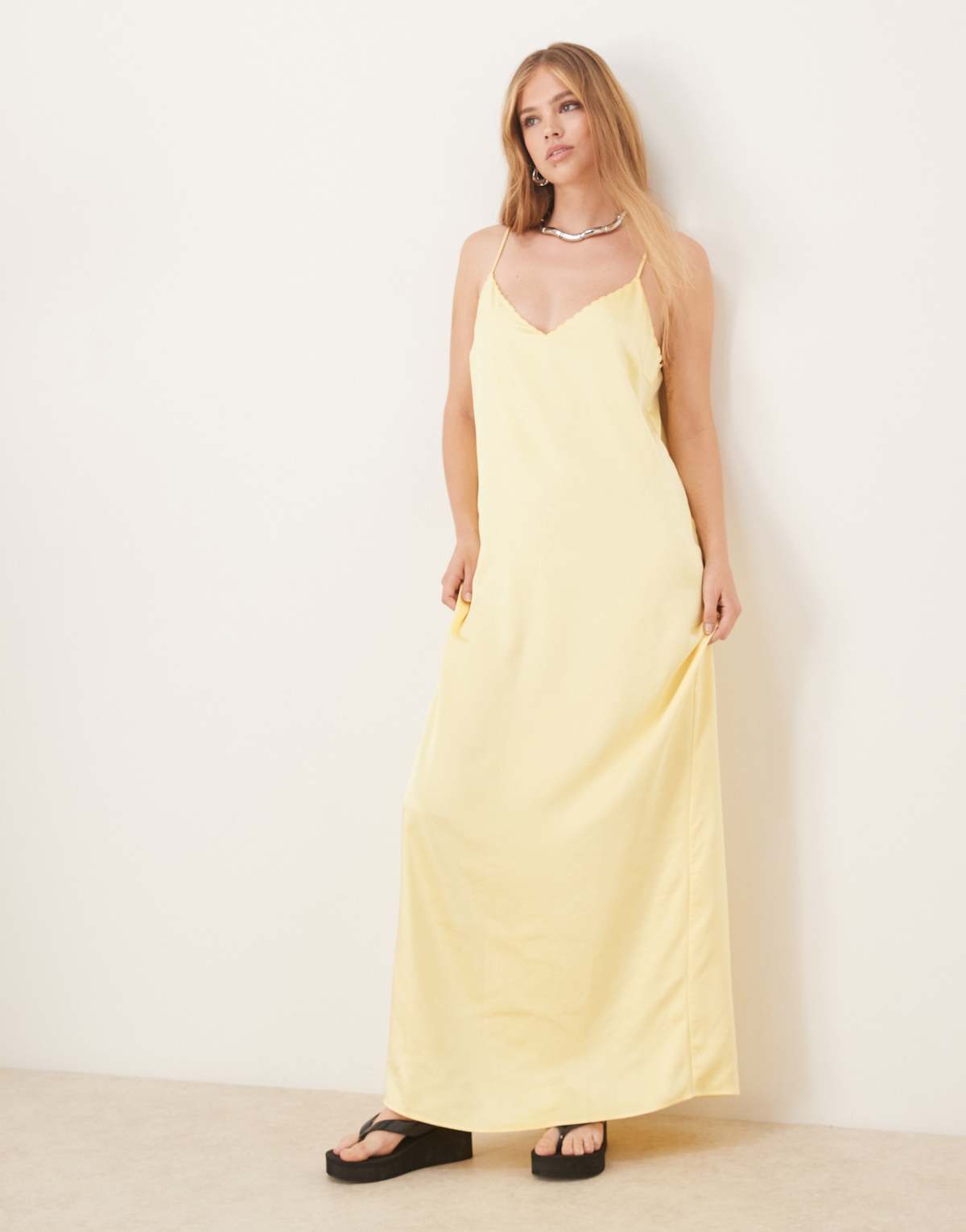 Vila satin scallop trim cami maxi dress in pale banana