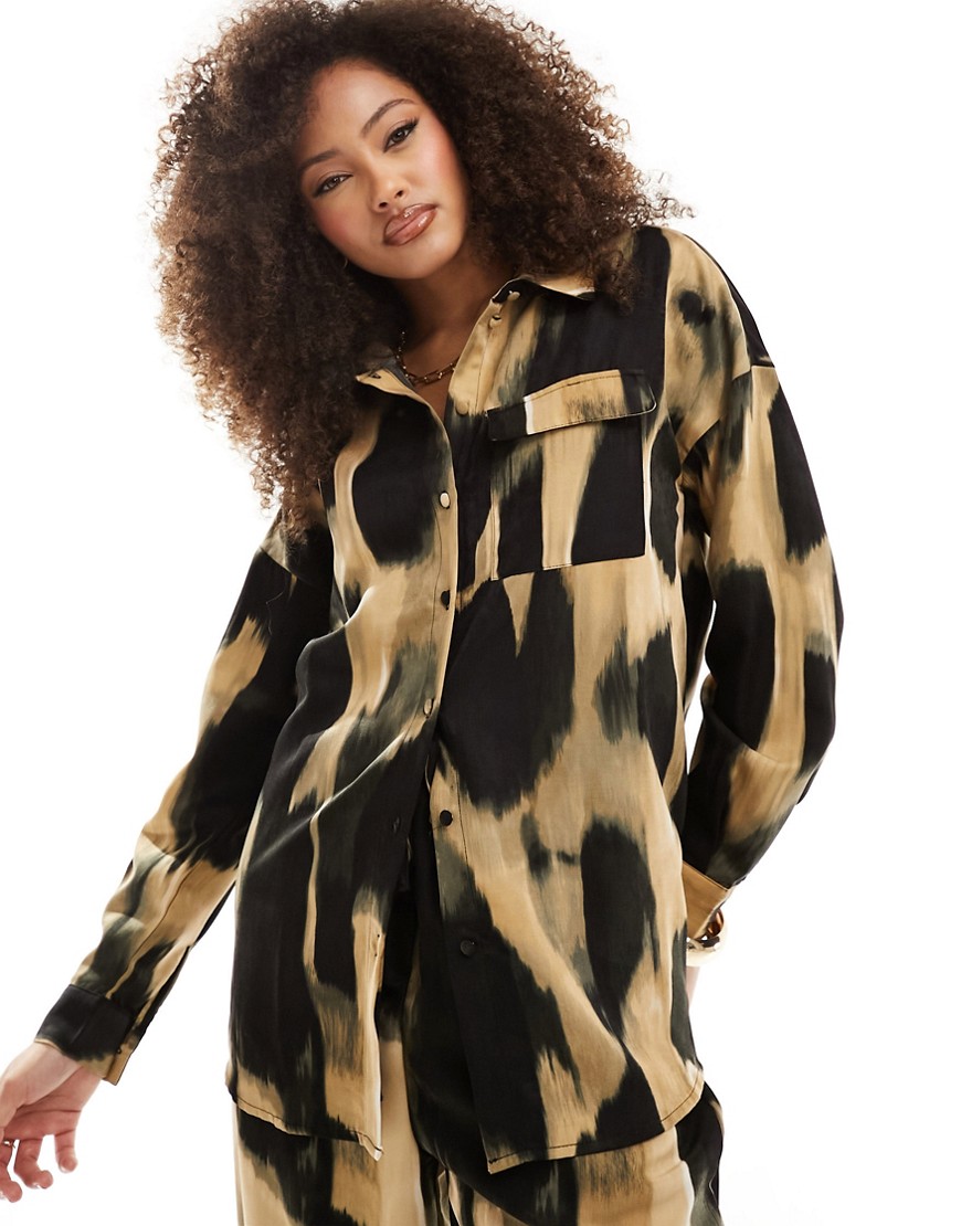 Vila satin shirt co-ord in abstract leopard-Multi