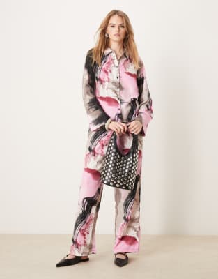 satin shirt in pink abstract print - part of a set-Multi