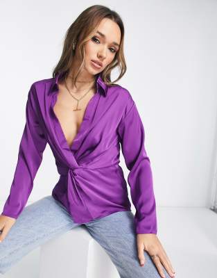 Vila satin shirt with knot front in purple