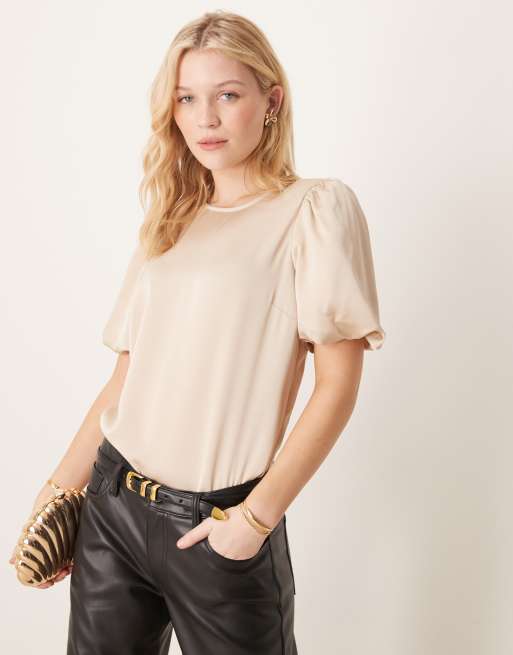 VILA satin short sleeve top in beige, 4 of 4