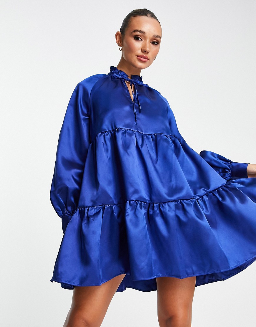 Vila satin smock mini dress with tiered skirt in bright blue