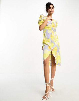 Vila satin split front midi dress in lilac and yellow floral