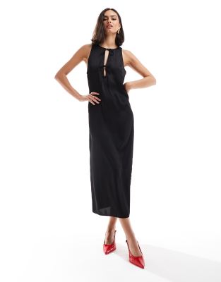 satin tie neck sleeveless midi dress in black