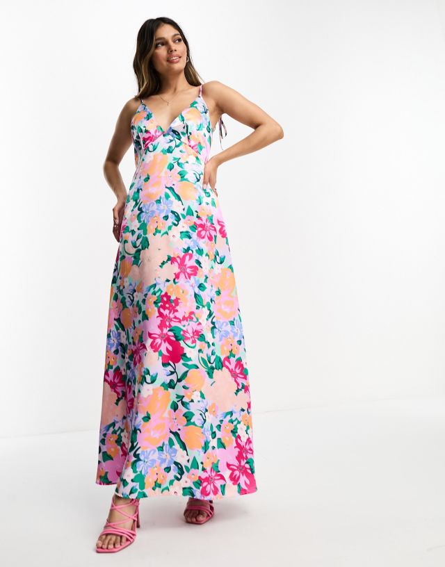 Vila - satin tie shoulder cami midi dress in floral print