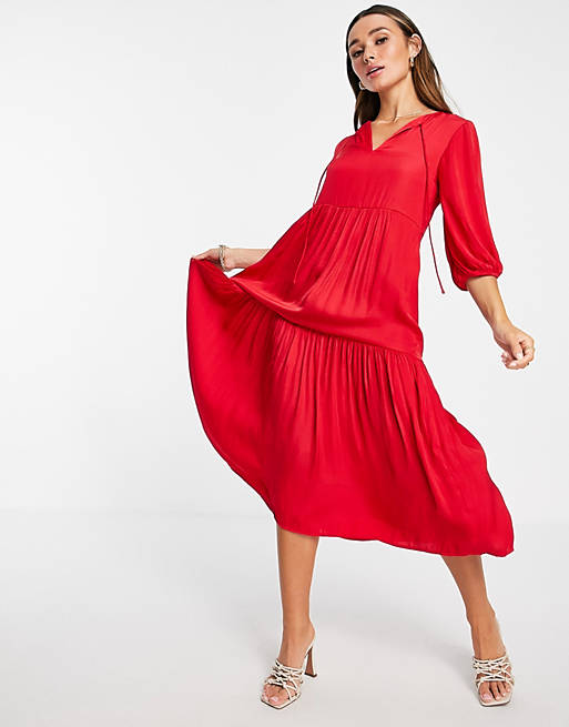 Vila satin tiered maxi dress in red