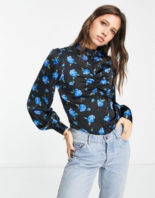 Vila satin top with ruched front in blue floral print - ASOS Price Checker