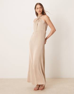 satin twist halterneck midi dress in beige-Neutral