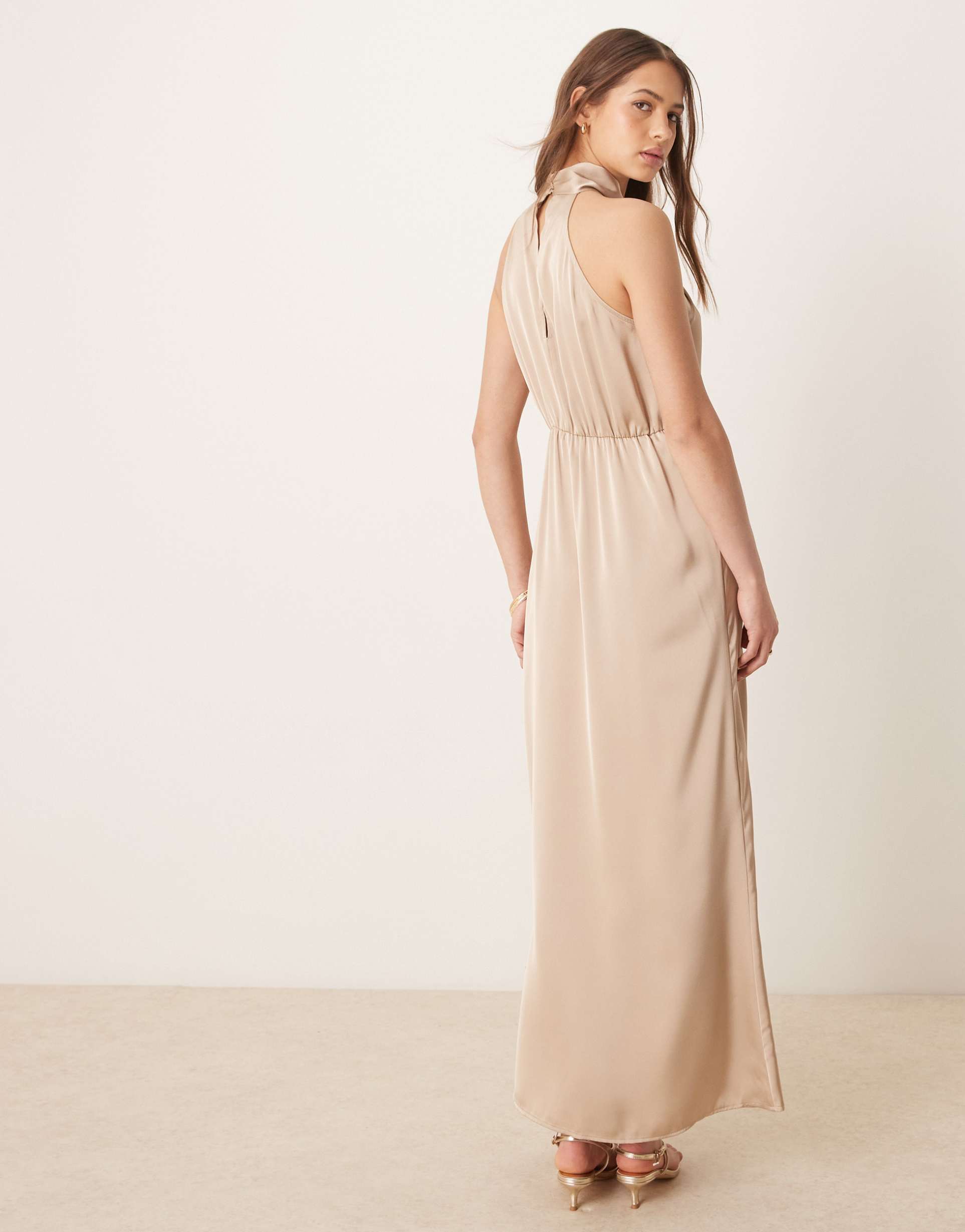 vila satin twist halterneck midi dress in beige