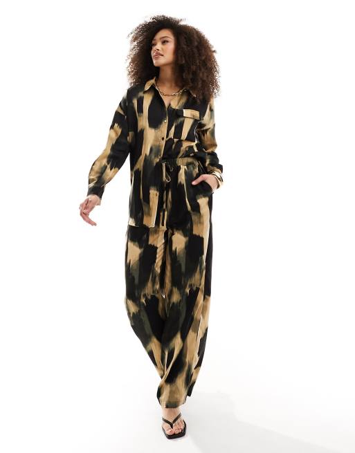 Vila satin wide leg pants in abstract leopard (part of a set) 