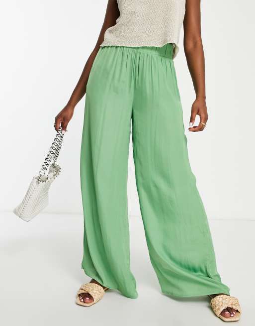 Vila satin wide leg trouser co-ord in green | ASOS