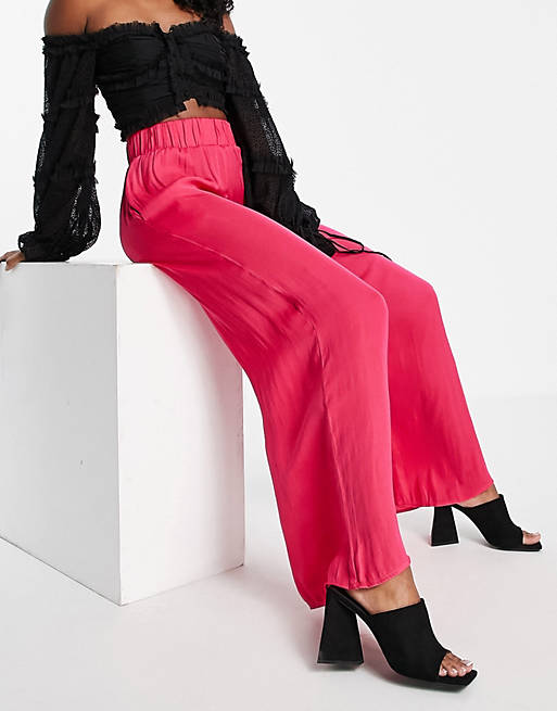 Women Vila satin wide leg trousers in pink 