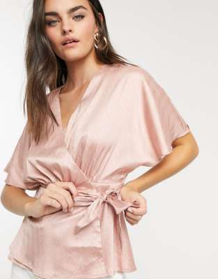 pink satin wrap blouse