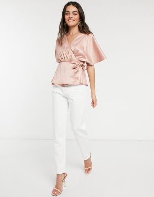 pink satin wrap blouse