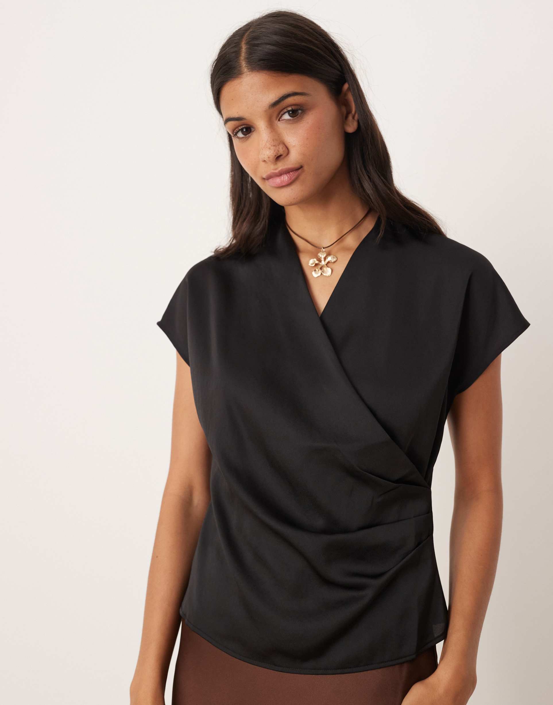 vila satin wrap detail top in black