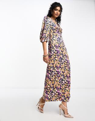 Vila Vila satin wrap maxi dress in leopard mutli print-Multi