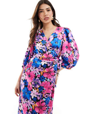 satin wrap maxi dress in purple floral print-Multi