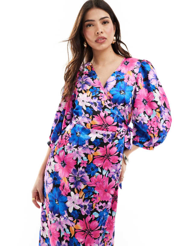 Vila - satin wrap maxi dress in purple floral print