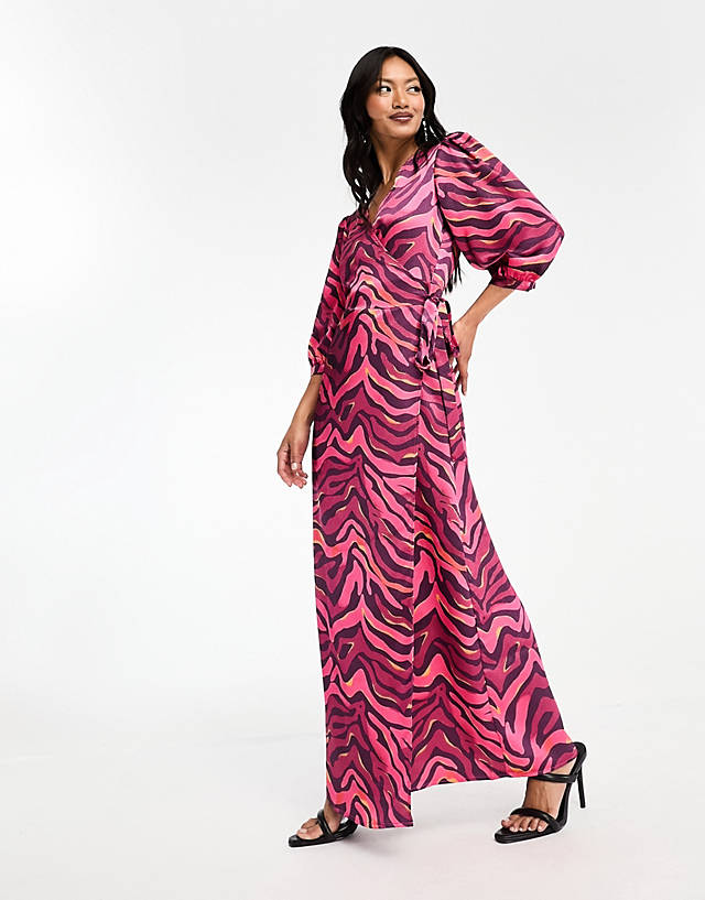 Vila - satin wrap maxi dress in rich red zebra print