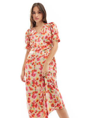 Vila Satin Wrap Midi Dress In Red Poppy Print-multi